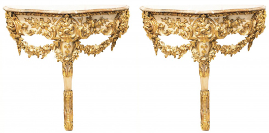 Pair of 19th century French Louis XV/XVI-style carved gilt-wood consoles. Estimate: $2,000-$4,000. A.B. Levy’s image.